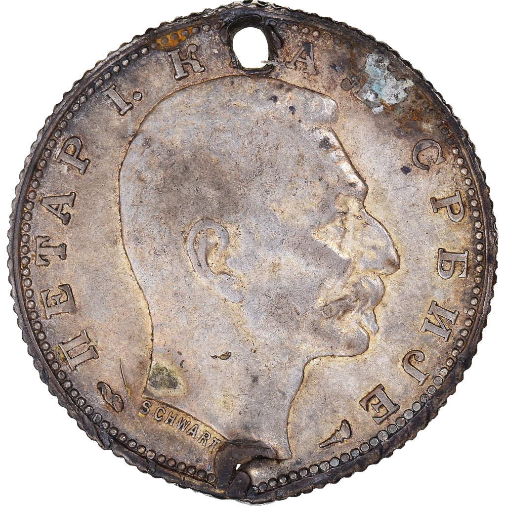 Münze, Serbien, Peter I, Dinar, 1915, Paris, Holed, S+, Silber, KM:25.3