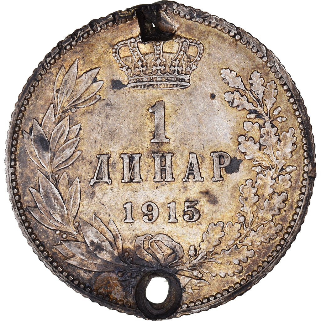 Münze, Serbien, Peter I, Dinar, 1915, Paris, Holed, S+, Silber, KM:25.3