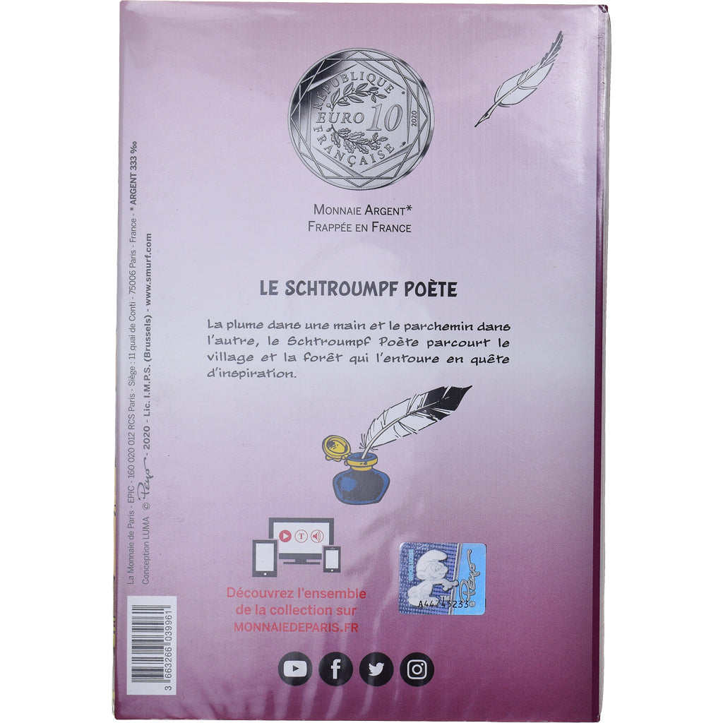 France, Monnaie de Paris, 10 Euro, Le Schtroumpf Poète (10/20), 2020