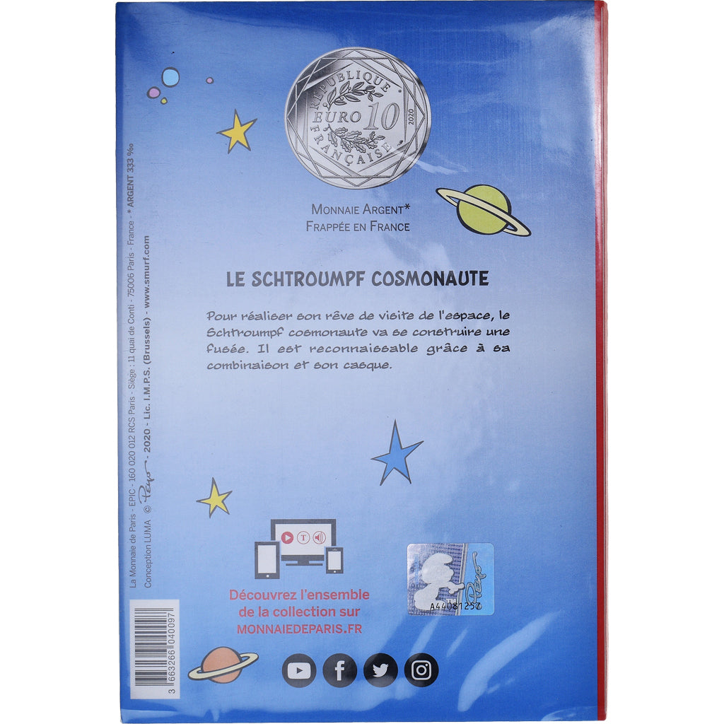 France, Monnaie de Paris, 10 Euro, Le Schtroumpf Cosmonaute (16/20), 2020, FDC