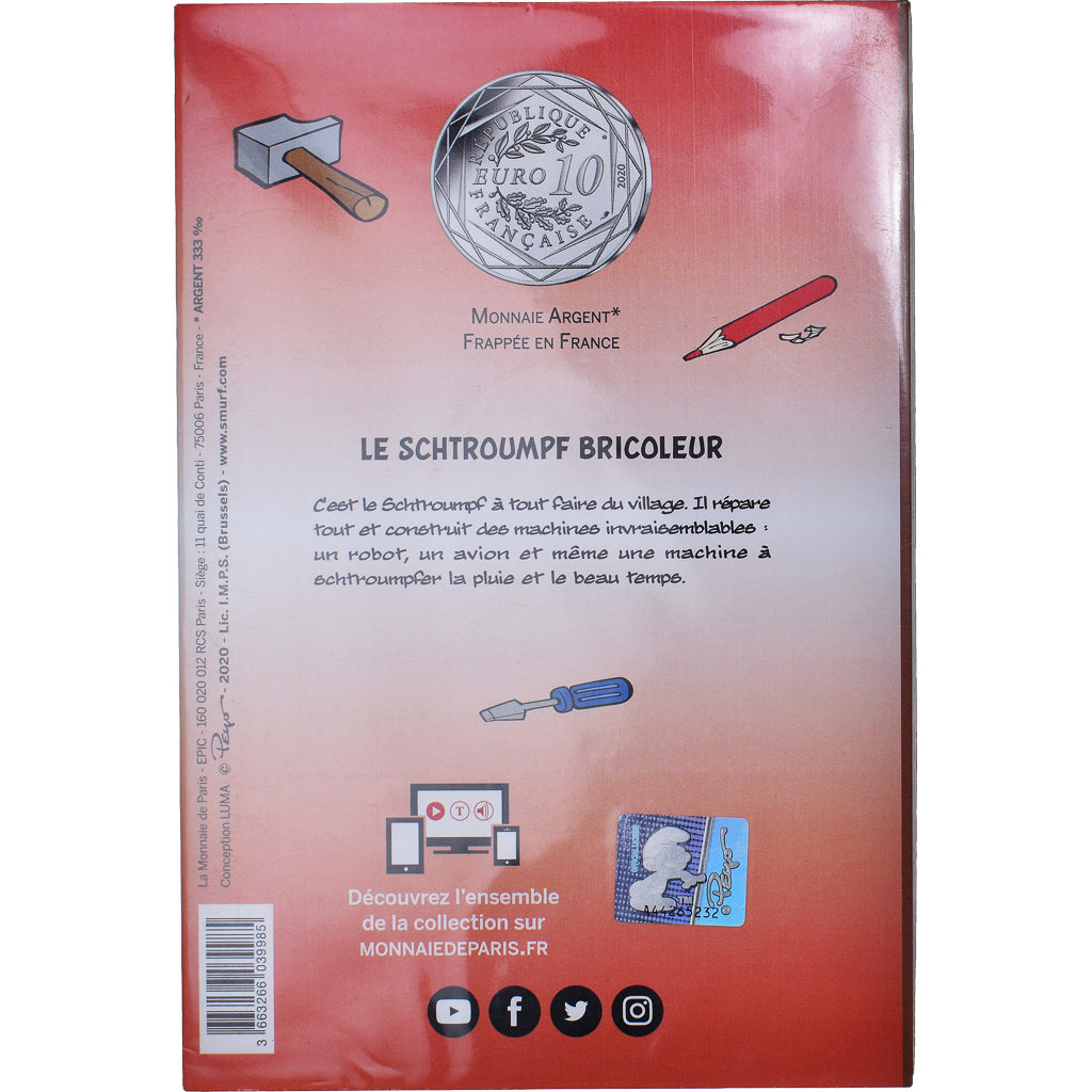 France, Monnaie de Paris, 10 Euro, Le Schtroumpf Bricoleur (17/20), 2020