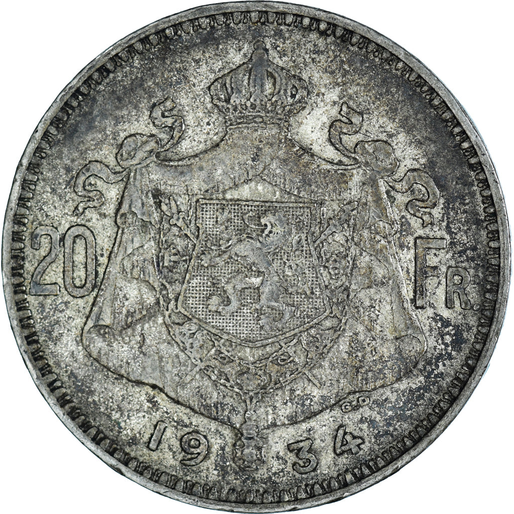 Moneda, Bélgica, Albert I, 20 Francs, 20 Frank, 1934, Brussels, BC+, Plata