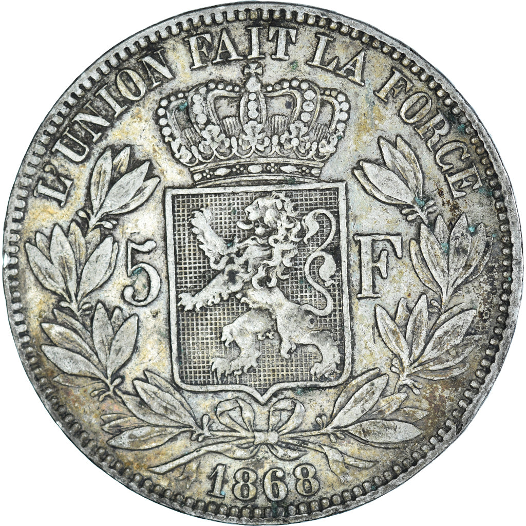 Moneda, Bélgica, Leopold II, 5 Francs, 5 Frank, 1868, Brussels, BC+, Plata