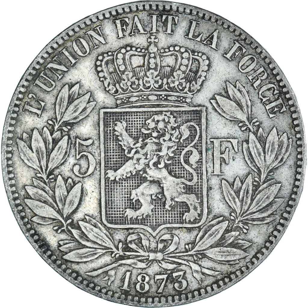 Moneda, Bélgica, Leopold II, 5 Francs, 5 Frank, 1873, Brussels, BC+, Plata