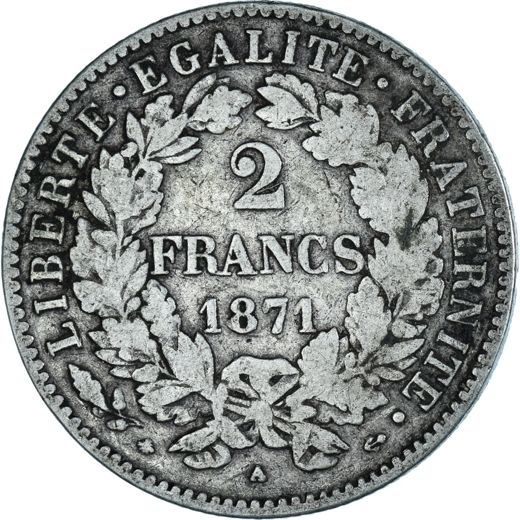 Moneda, Francia, Cérès, 2 Francs, 1871, Paris, BC+, Plata, KM:817.1