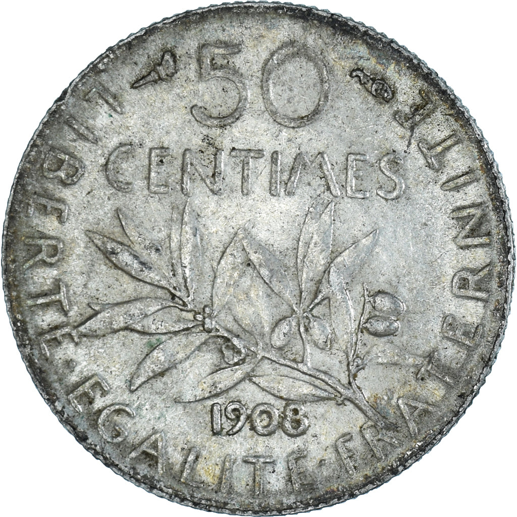 Moneta, Francja, Semeuse, 50 Centimes, 1908, Paris, EF(40-45), Srebro, KM:854