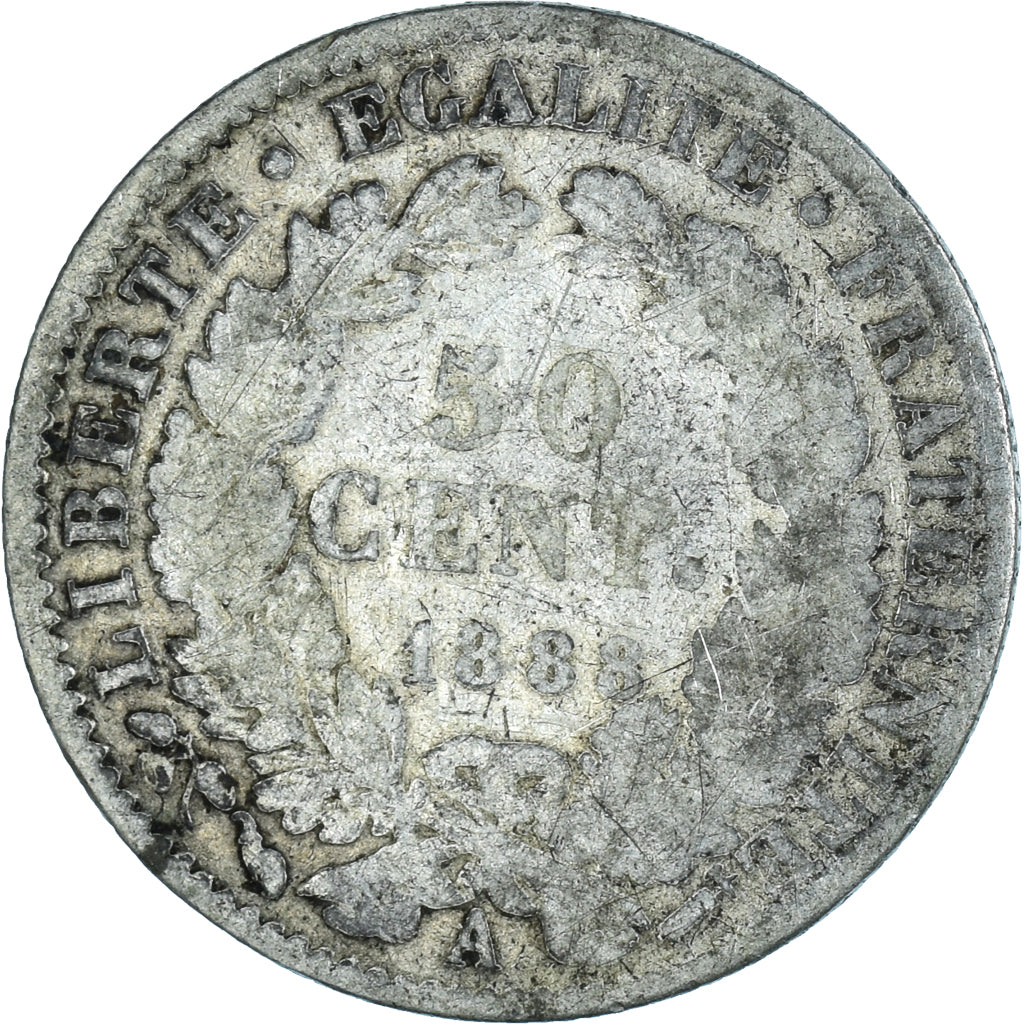 Moneda, Francia, Cérès, 50 Centimes, 1888, Paris, BC+, Plata, KM:834.1
