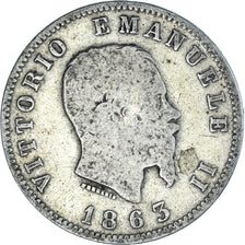 Moneda, Italia, Vittorio Emanuele II, Lira, 1863, Milan, BC+, Plata, KM:15.1