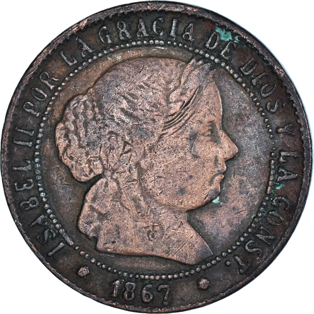 Coin, Spain, Isabel II, 2-1/2 Centimos, 1867, Barcelona, VF(30-35), Copper