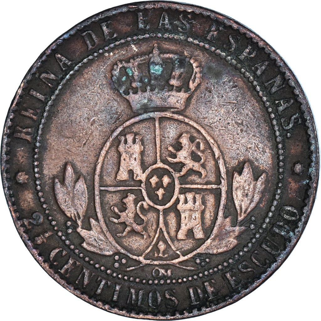 Coin, Spain, Isabel II, 2-1/2 Centimos, 1867, Barcelona, VF(30-35), Copper