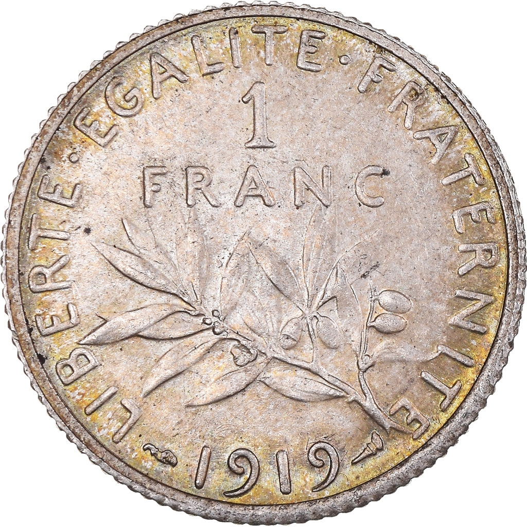 Moeda, França, Semeuse, Franc, 1919, Paris, AU(55-58), Prata, KM:844.1