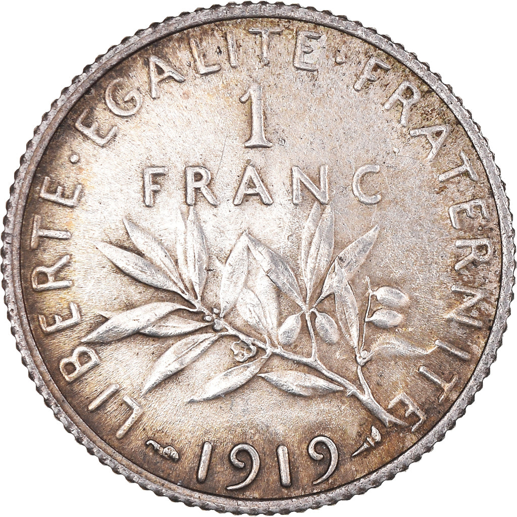 Moeda, França, Semeuse, Franc, 1919, Paris, AU(55-58), Prata, KM:844.1