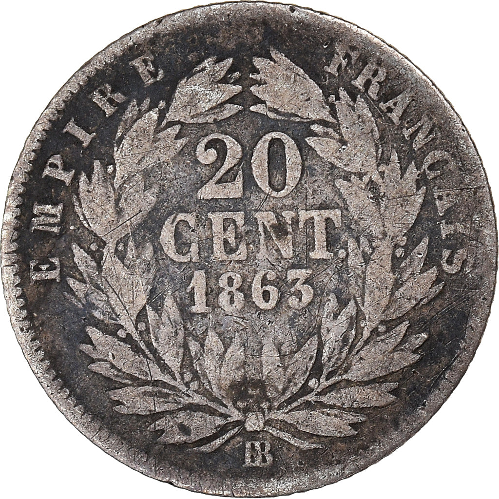 Francia, Napoleon III, 20 Centimes, 1863, Strasbourg, Argento, B+, Gadoury:305