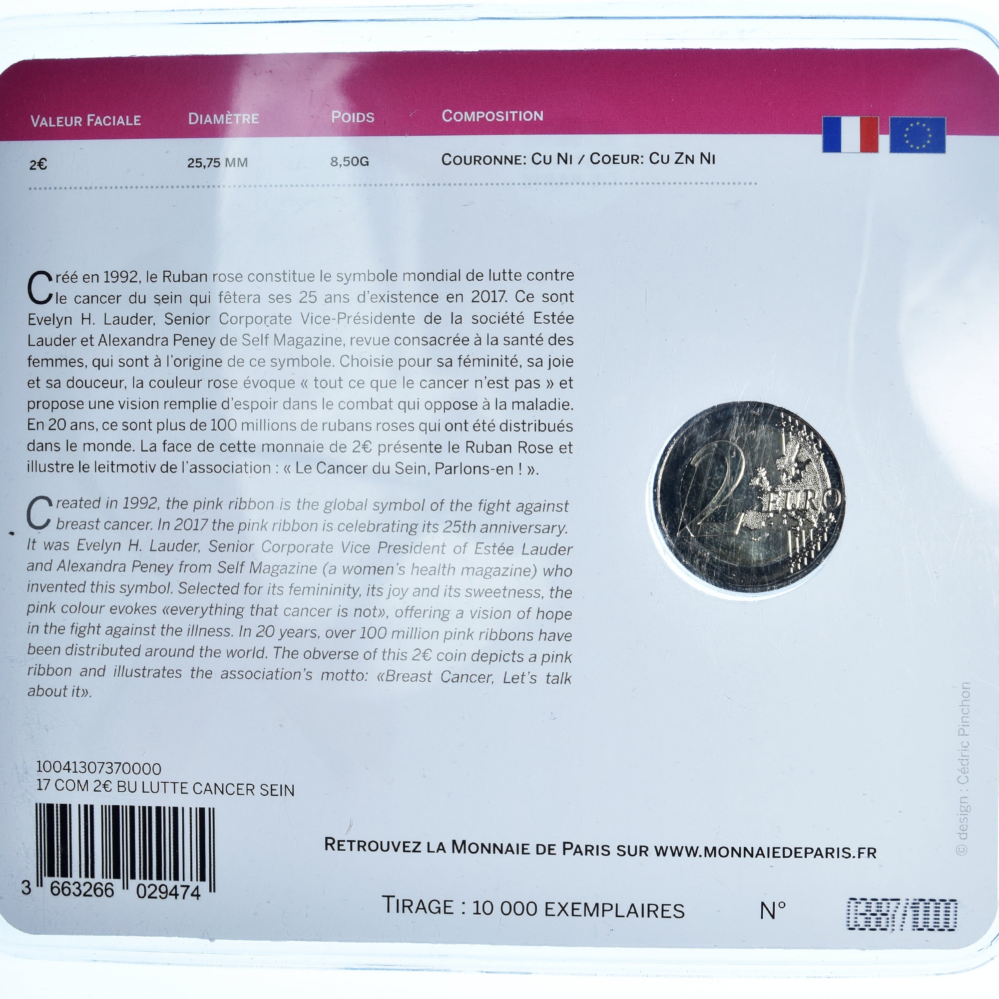 Frankreich, 2 Euro, cancer du sein, BU, colorisée, 2017, MDP, Bi-Metallic, STGL