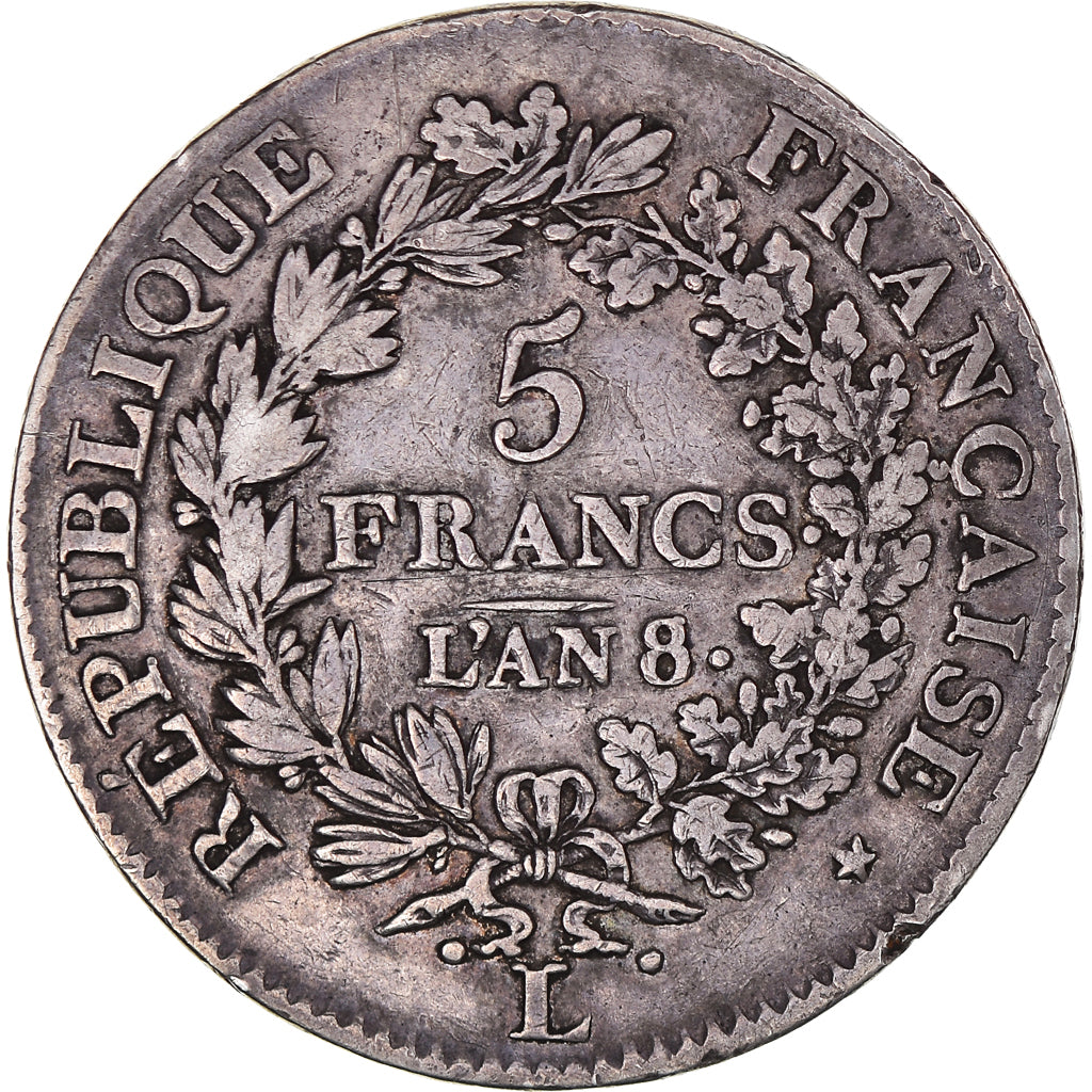 Moeda, França, Union et Force, 5 Francs, AN 8/5, Bayonne, VF(30-35), Prata