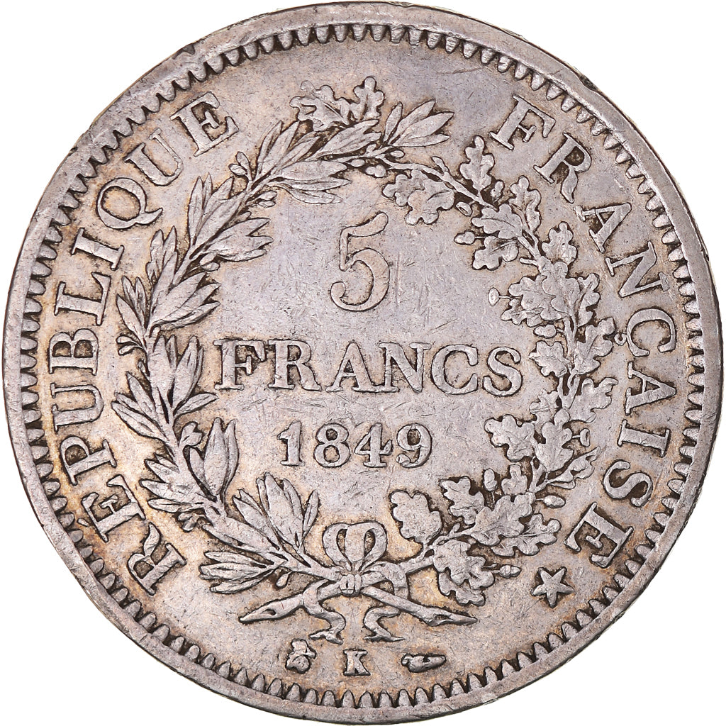 Moeda, França, Hercule, 5 Francs, 1849, Bordeaux, EF(40-45), Prata, KM:756.4