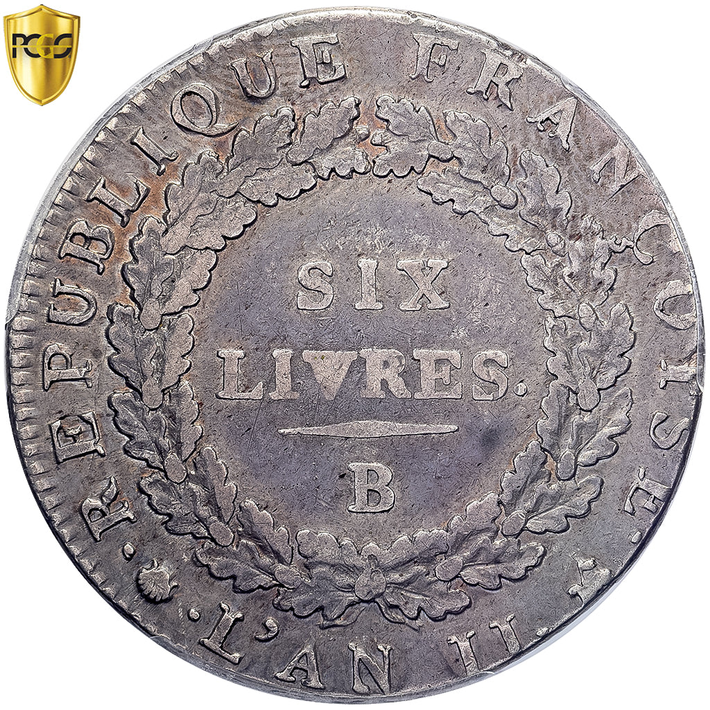 Moneta, Francja, Écu de 6 livres non daté, AN II, Rouen, Pedigree, PCGS, VF30