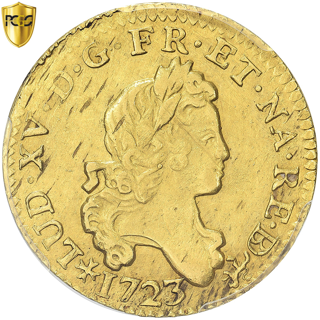 France, Louis XV, Louis d'or de Béarn aux 2 L, 1723, Pau, flan neuf, pedigree