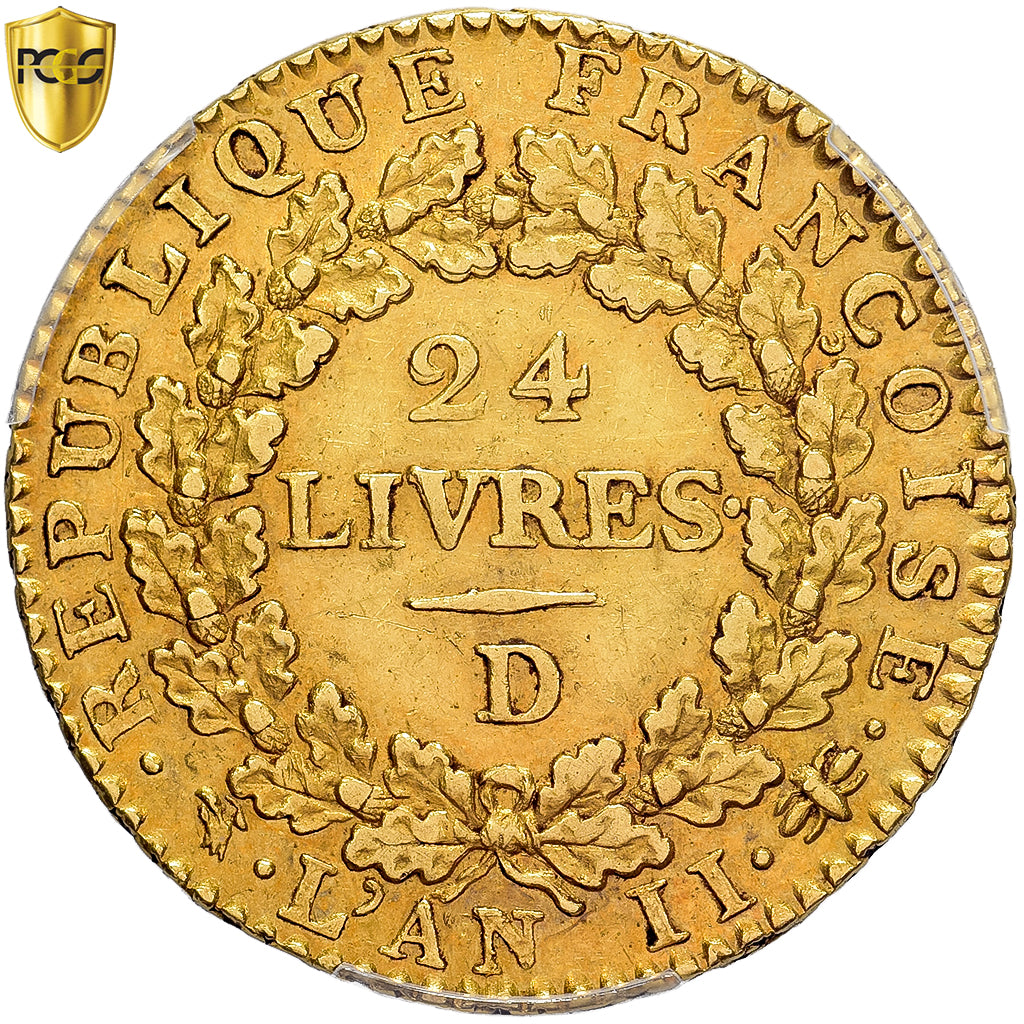 France, 24 livres Convention, 1793 / AN II, Lyon, Pedigree, Gold, PCGS, AU55