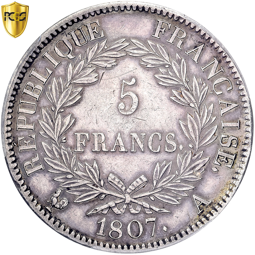 Francia, Napoleon I, 5 Francs, 1807, Paris, Pedigree, Argento, PCGS, Cleaned-AU