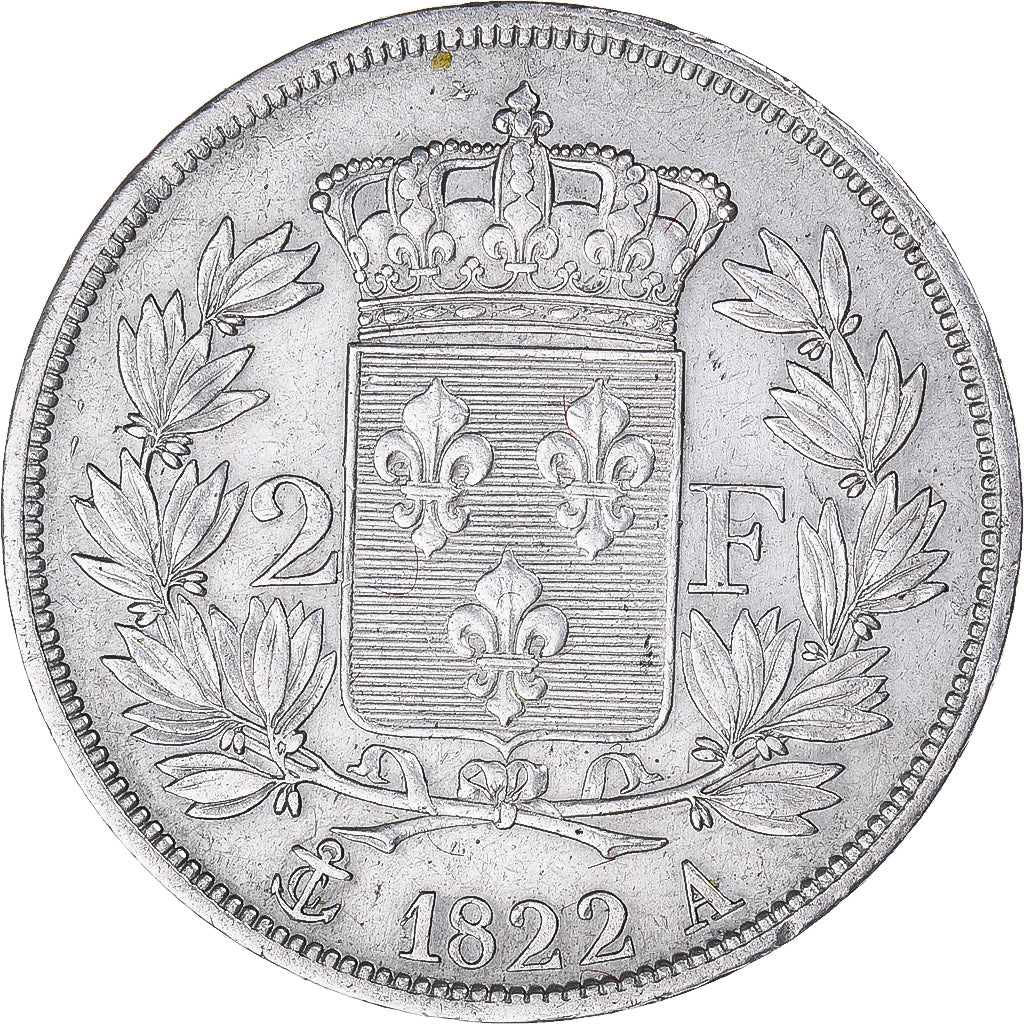 Moeda, França, Louis XVIII, 2 Francs, 1822, Paris, Pedigree, AU(50-53), Prata