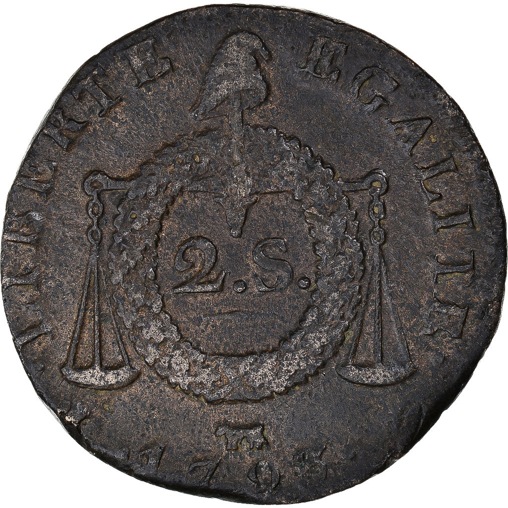 Coin, France, 2 sols aux balances daté, 1793 / AN II, Pau, Pedigree, VF(30-35)