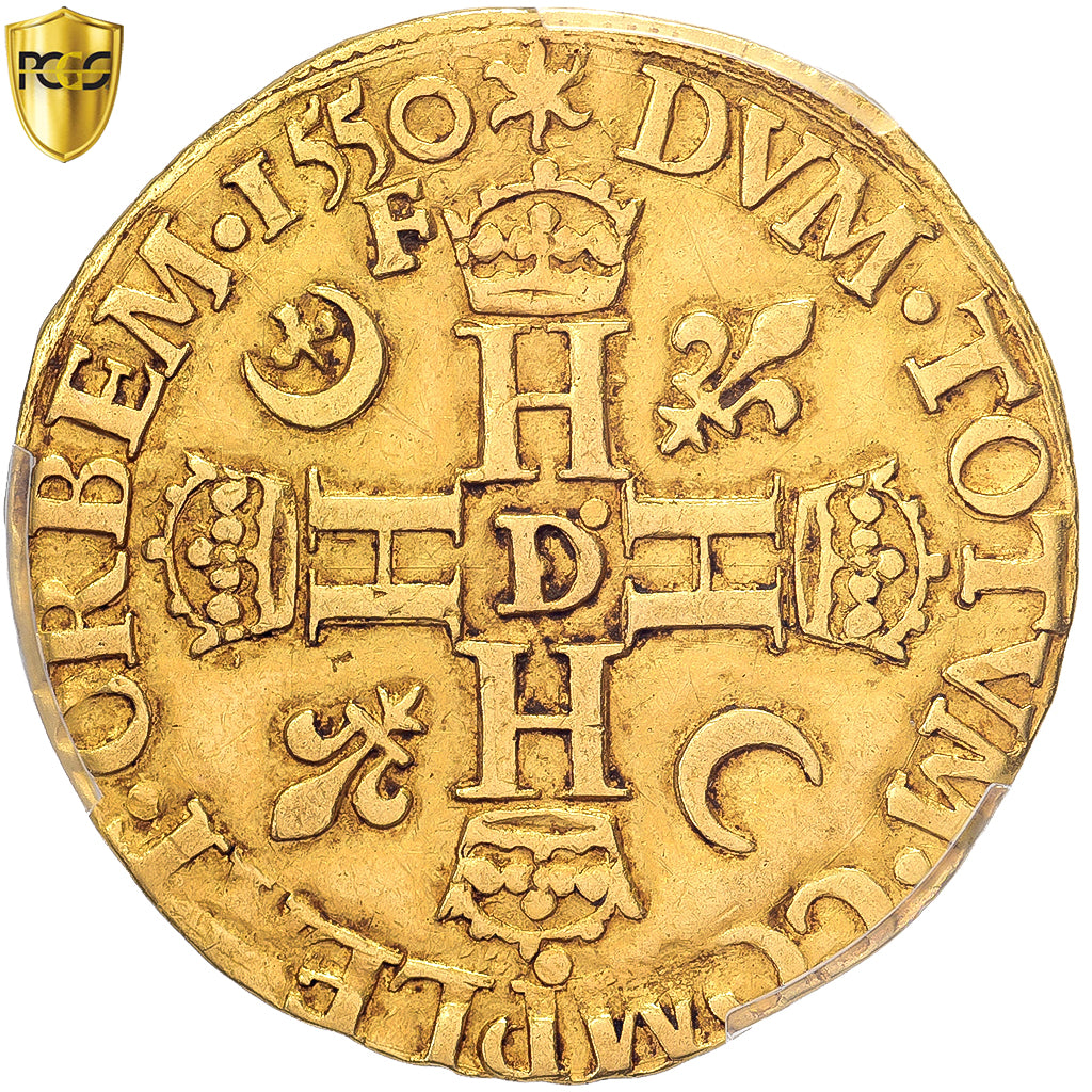 Francja, Henri II, Henri d'or, 1550, Lyon, Złoto, PCGS, AU53, Gadoury:389C