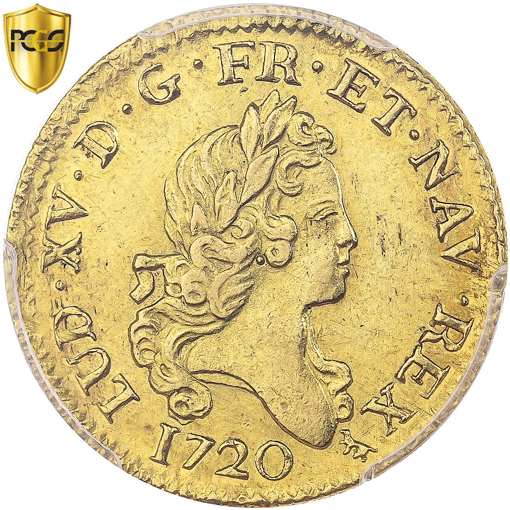 Francia, Louis XV, louis d'or aux 2 L, 1720, Paris, flan neuf, pedigree, Oro