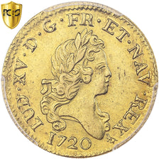 Francia, Louis XV, louis d'or aux 2 L, 1720, Paris, flan neuf, pedigree, Oro