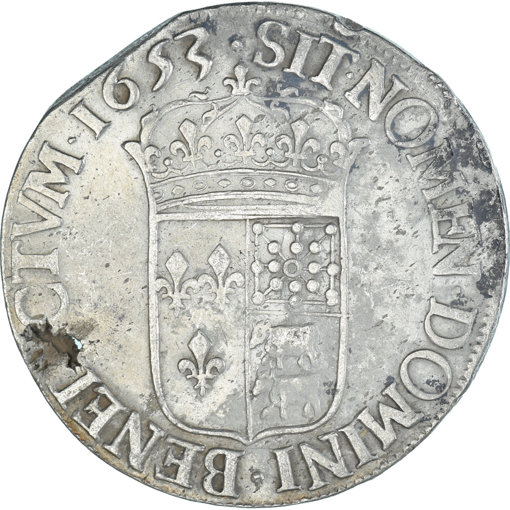 Moneta, Francia, Louis XIV, Écu de Béarn à la mèche longue, 1653, Pau, MB+