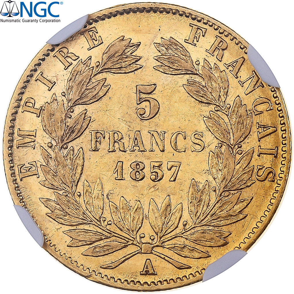 Francia, Napoleon III, 5 Francs, 1857, Paris, Oro, NGC, AU55, Gadoury:1001