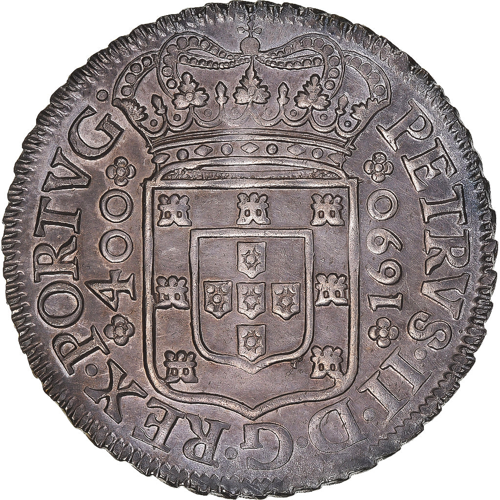 Portugal, Pedro II, 400 Reis, 1690, Porto, Srebro, AU(55-58), KM:154.1