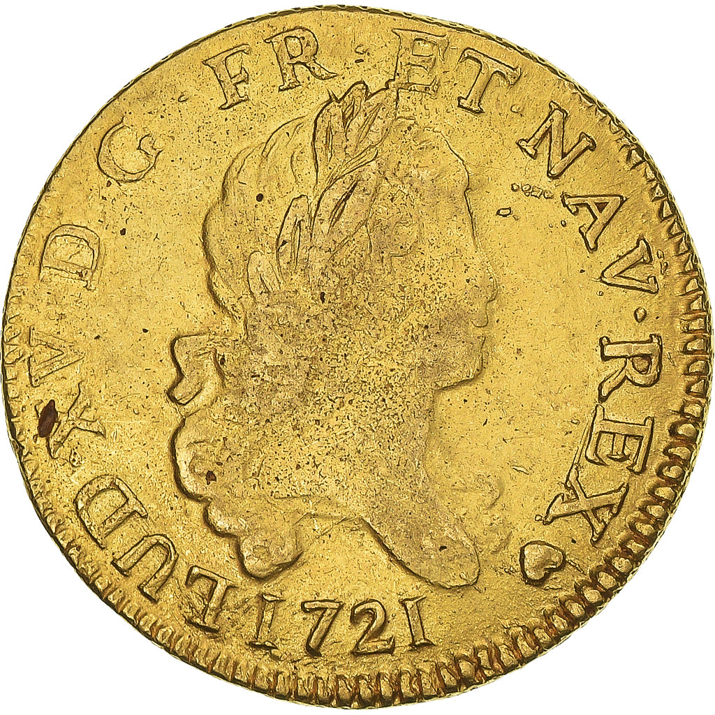 Francia, Louis XV, louis d'or aux 2 L, 1721, Strasbourg, Flan neuf, Oro, MB+