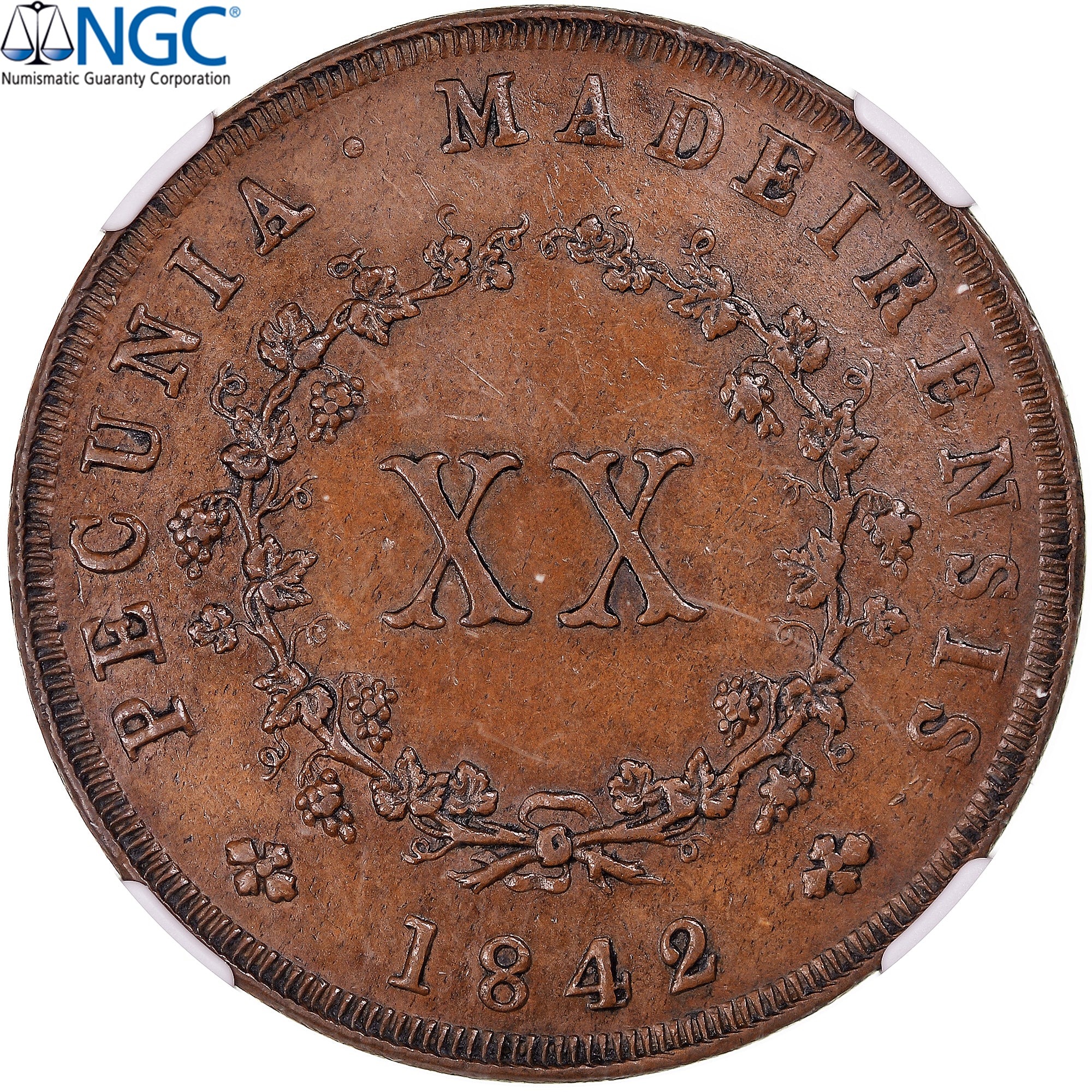 MADEIRA ISLANDS, Maria II, 20 Reis, 1842, Lisbon, Kupfer, NGC, AU58BN, KM:3