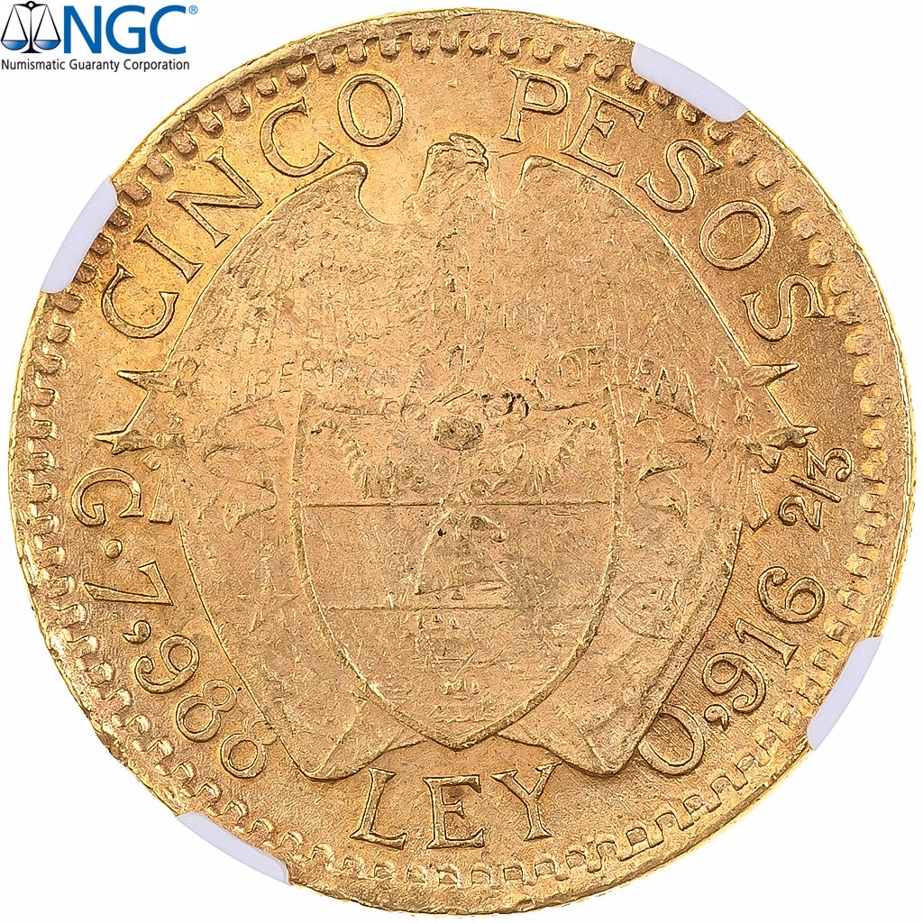 Colombie, 5 Pesos, 1919, Or, NGC, MS64+, KM:195.2
