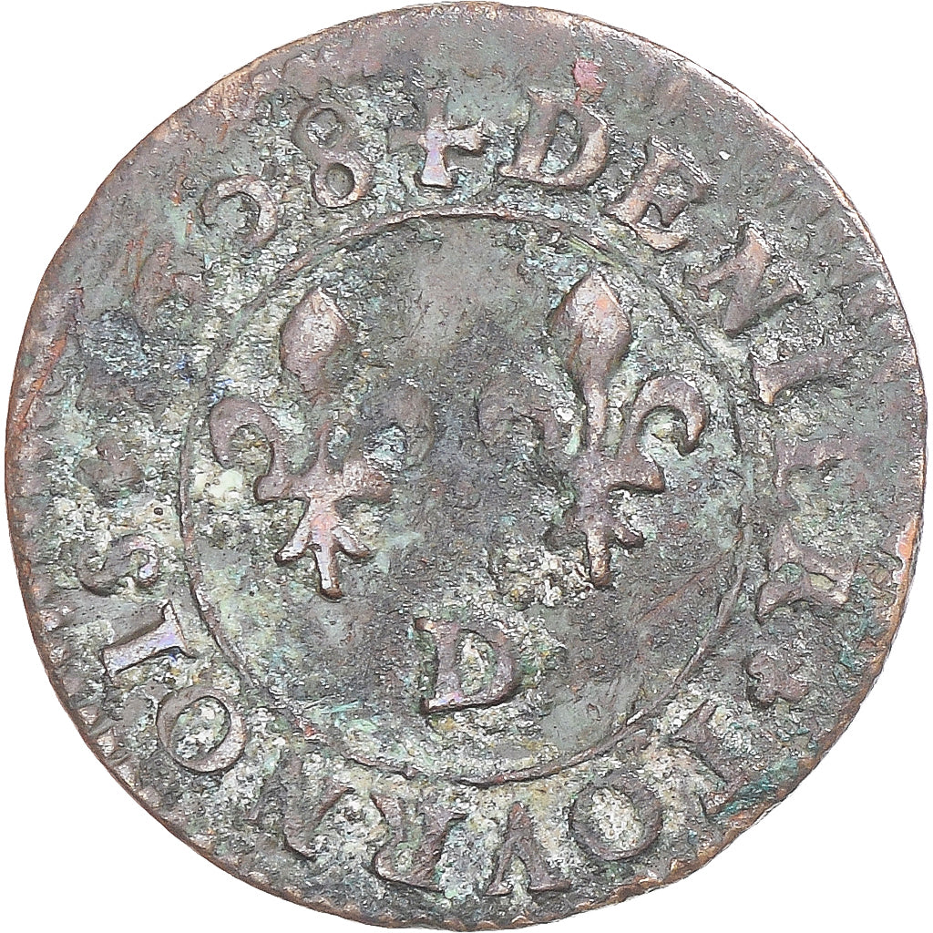 Moeda, França, Henry IV, Denier Tournois, 1608/07, Lyon, EF(40-45), Cobre
