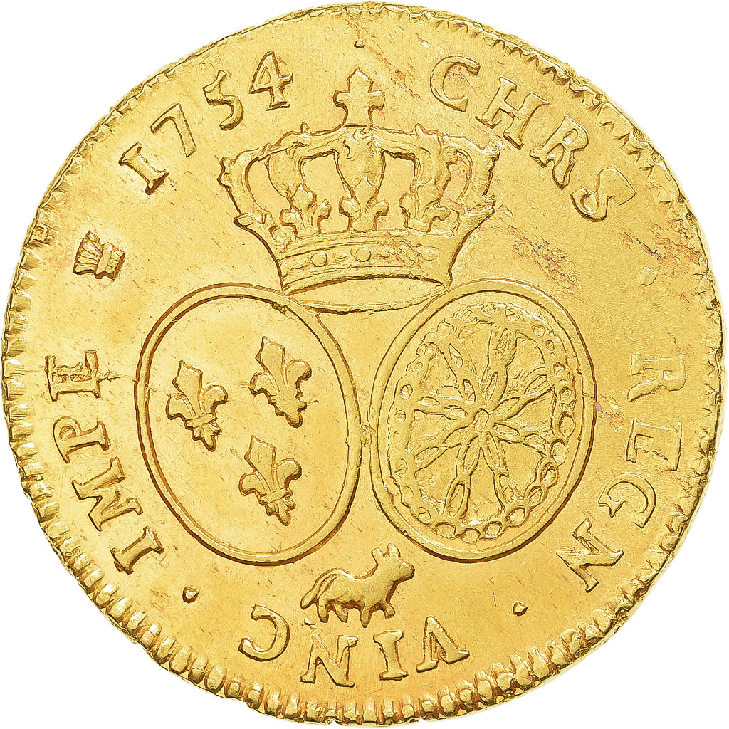 Francja, Louis XV, double louis d'or de Béarn au bandeau, 1754, Pau, Złoto