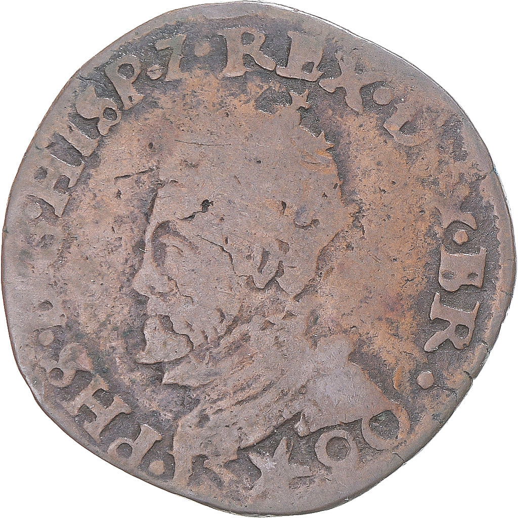 Coin, Spanish Netherlands, Philip II, Liard, 1590, Maastricht, VF(30-35), Copper
