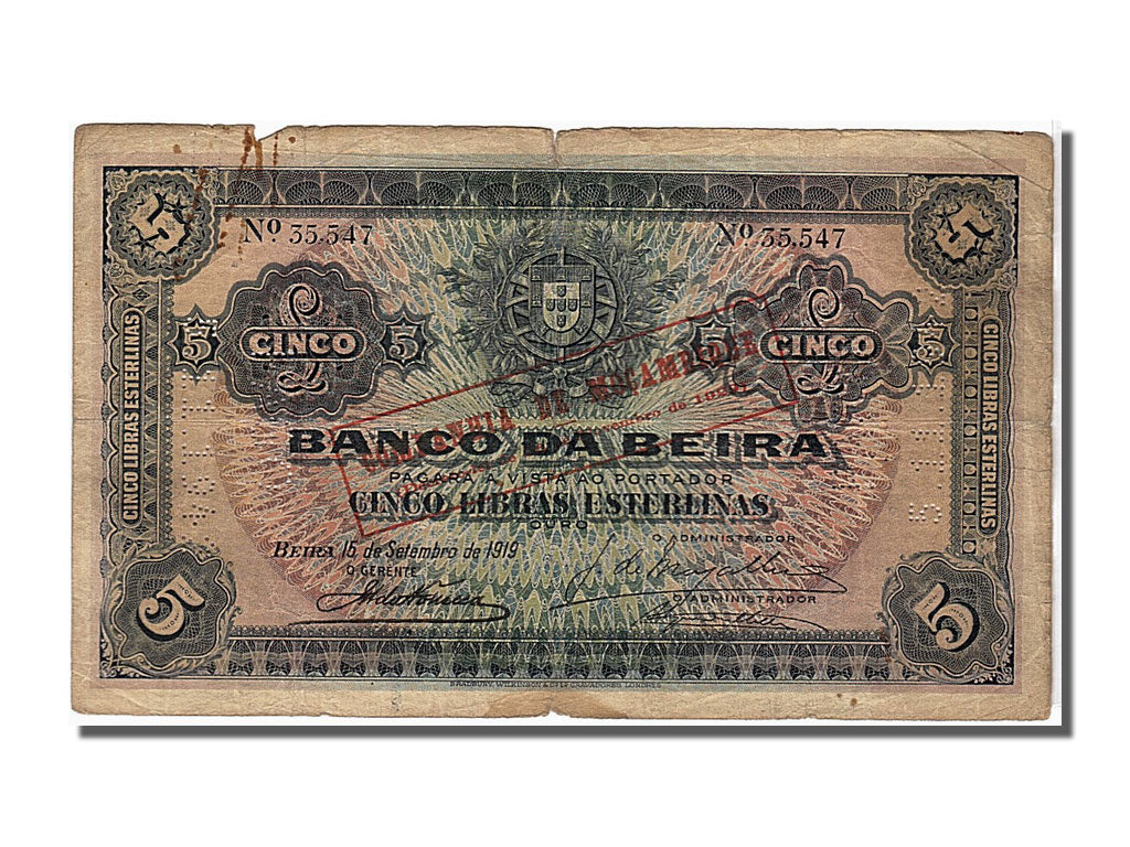 Banknote, Mozambique, 5 Libras, 1919, KM:R21, VF(20-25)