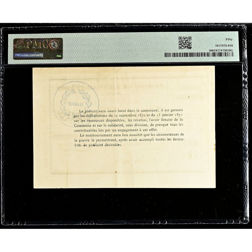 Frankreich, Rigny-Le-Ferron, 5 Francs, 1871-01-28, D 565, AU 50, PMG