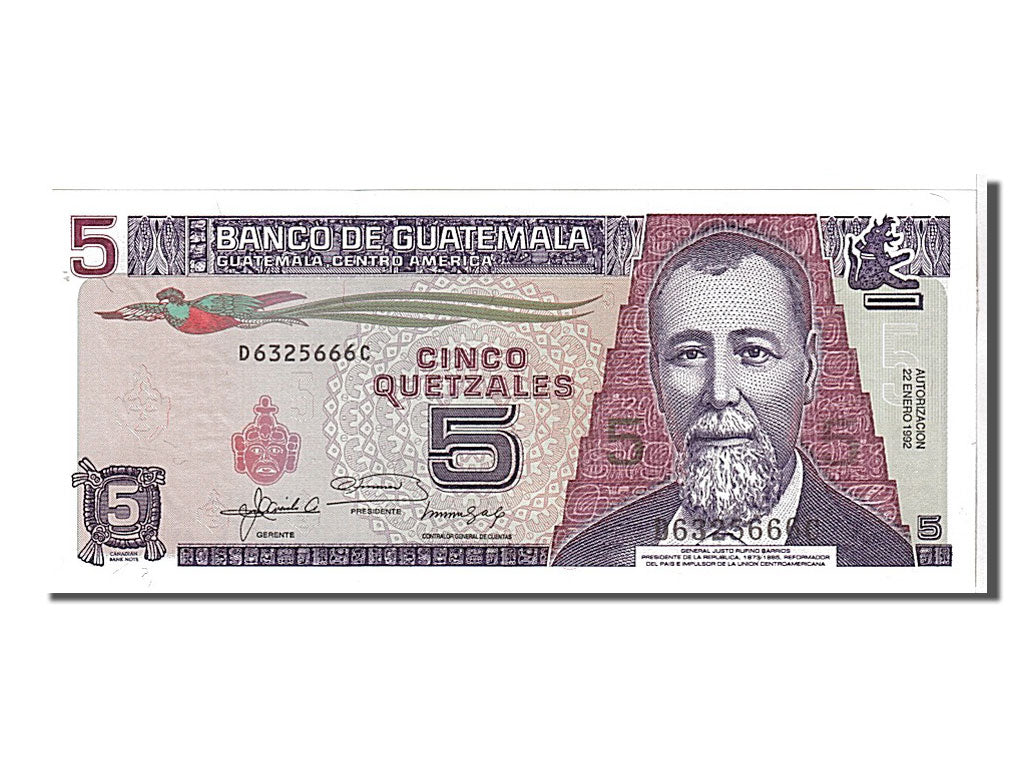 Billete, 5 Quetzales, 1992, Guatemala, KM:74b, UNC