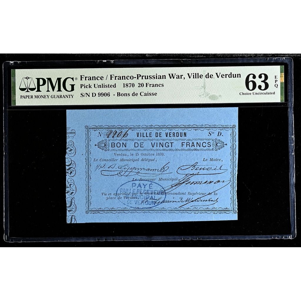 France, Verdun, 20 Francs, 1870-10-15, D 2206, UNC 63 EPQ, PMG