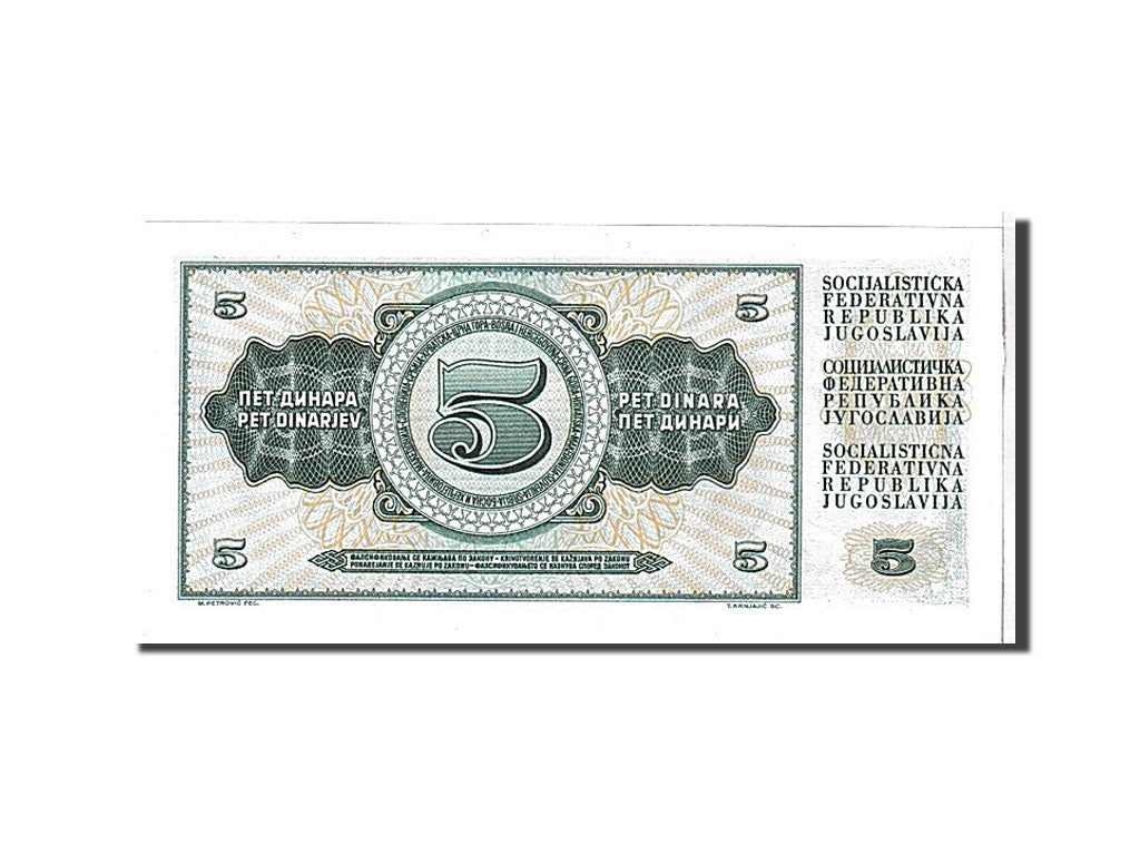 Banconote, Iugoslavia, 5 Dinara, 1968, FDS
