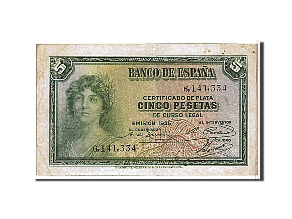 Biljet, Spanje, 5 Pesetas, 1935, KM:85a, TTB+