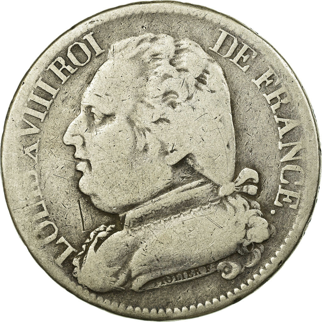 Moneda, Francia, Louis XVIII, Louis XVIII, 5 Francs, 1815, Limoges, BC+, Plata
