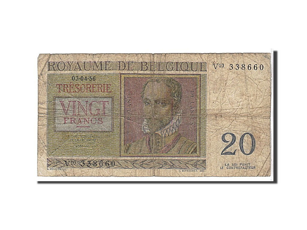 Billete, 20 Francs, 1956, Bélgica, KM:132b, BC