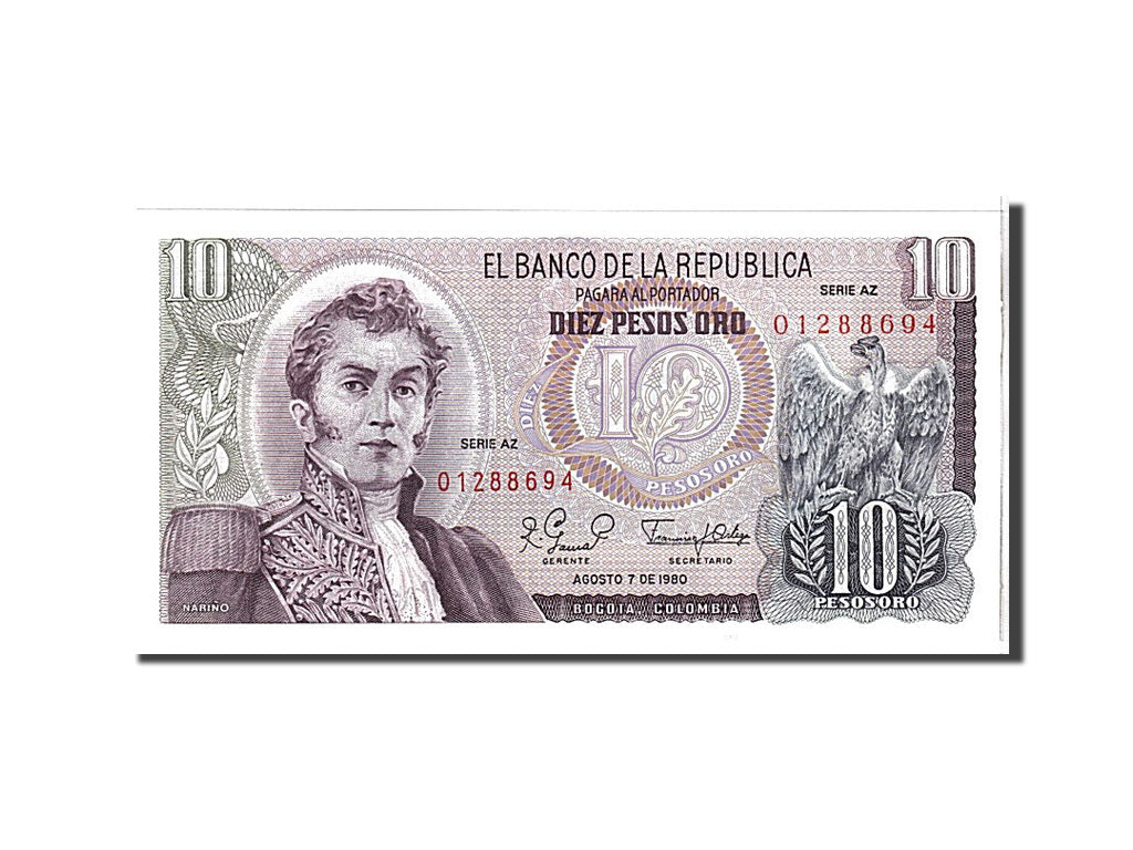 Banknote, Colombia, 10 Pesos Oro, 1980, KM:407g, UNC(65-70)
