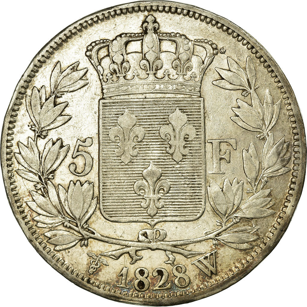 Moneda, Francia, Charles X, 5 Francs, 1828, Lille, MBC, Plata, Gadoury:644