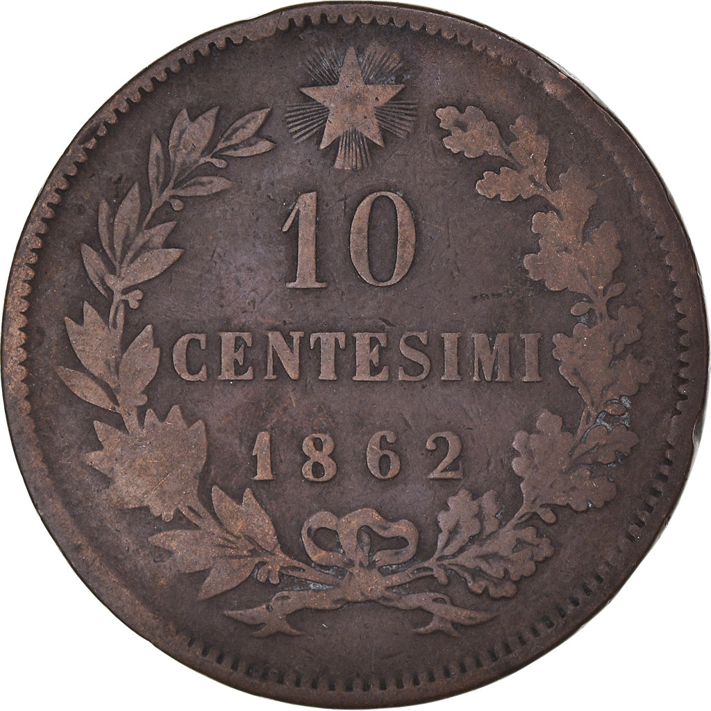 Moneda, Italia, Vittorio Emanuele II, 10 Centesimi, 1862, Paris, BC+, Cobre