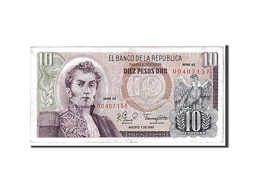 Billet, Colombie, 10 Pesos Oro, 1980, TTB